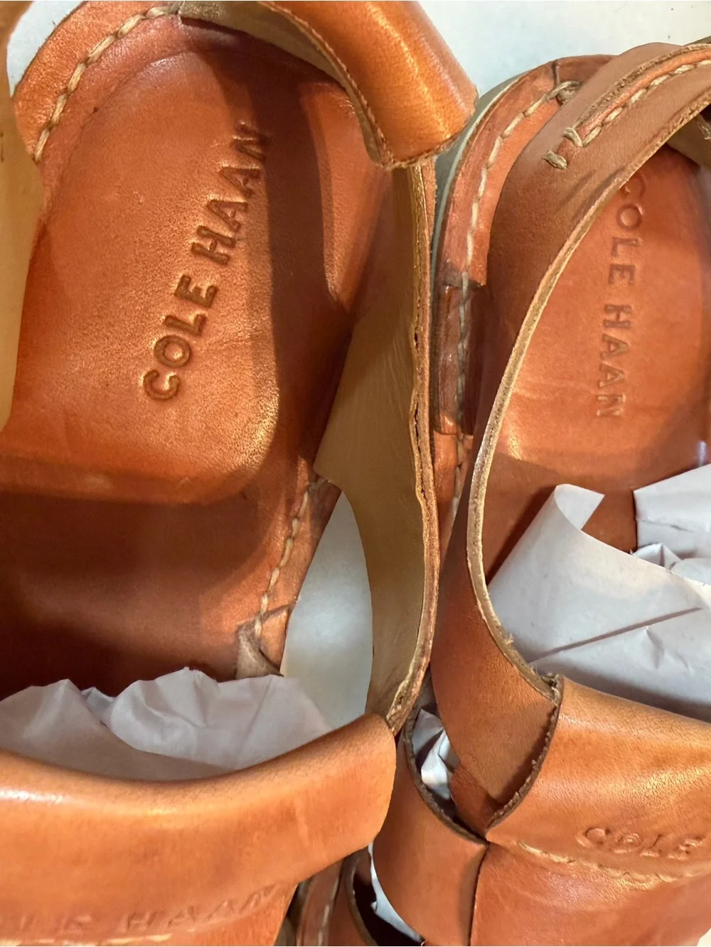 Cole Haan Tan Leather Woven Strap Sandals